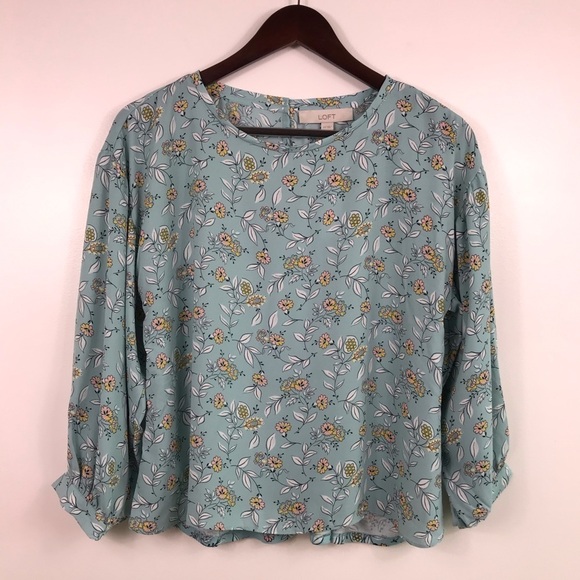 Loft Women’s Aqua Floral Print Mixed Blouse Size XS Blouson Sleeves - Picture 4 of 10